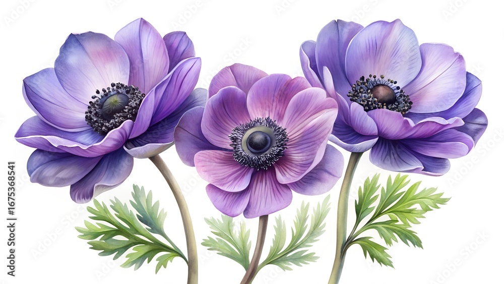 Obraz premium Watercolor painting of three purple anemone flowers with green leaves on white
