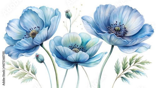 Watercolor Blue Poppy Flowers with Buds and Leaves on White Background