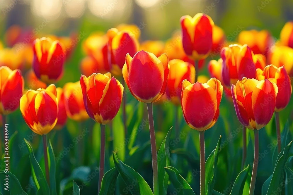 Fototapeta premium Close-up view of vibrant red and yellow tulips blooming in a sunlit garden with green leaves and blurred colorful background creating a serene atmosphere