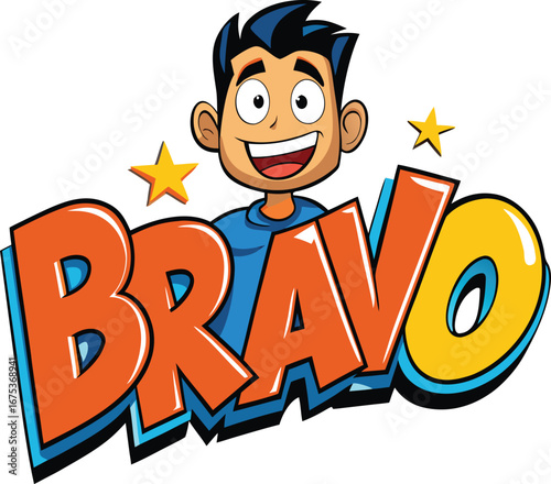 Cartoon Boy with Bravo Text and Stars on transparent background