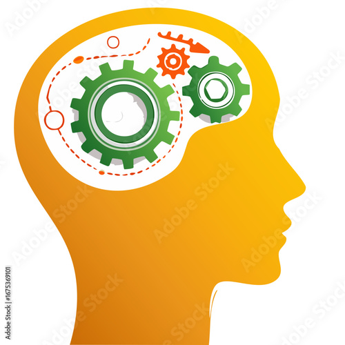 Human Brain with Gears Inside, Concept of Thought, Innovation, and Creativity Illustration