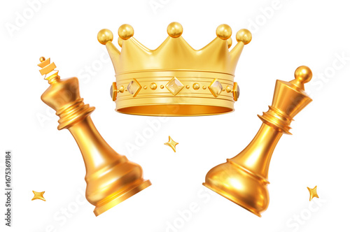 3d golden Crown with chess piece king, queen and stars. Stock vector illustration on isolated background.