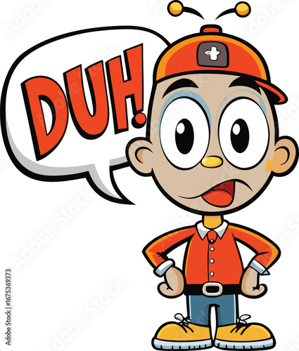 Cartoon Boy Saying Duh with Speech Bubble on Transparent Background
