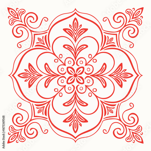 Italian red ceramic tile pattern. Doodle sketch ink. Mediterranean porcelain pottery. Minimalist vector line art.