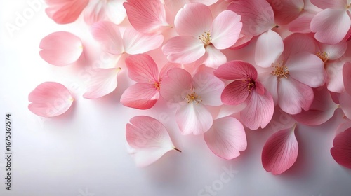 Delicate pink and white flower petals gently scattered on a soft white surface evoking a sense of calm and natural beauty