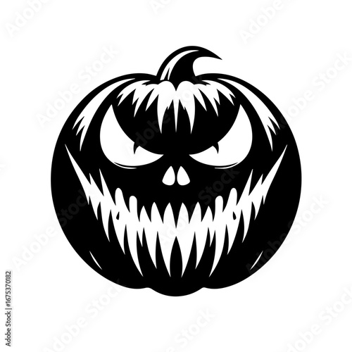 Black and white vector silhouette of a Halloween pumpkin on white background