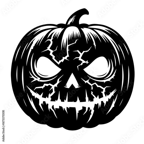 Black and white vector silhouette of a Halloween pumpkin on white background