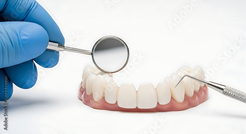 Close-up view of a dental professional's gloved hand holding a mirror and explorer over a white dental model, studio lighting, stock photo perspective