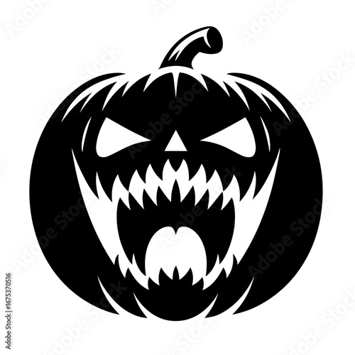 Black and white vector silhouette of a Halloween pumpkin on white background