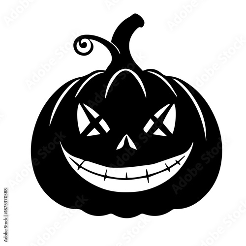 Black and white vector silhouette of a Halloween pumpkin on white background