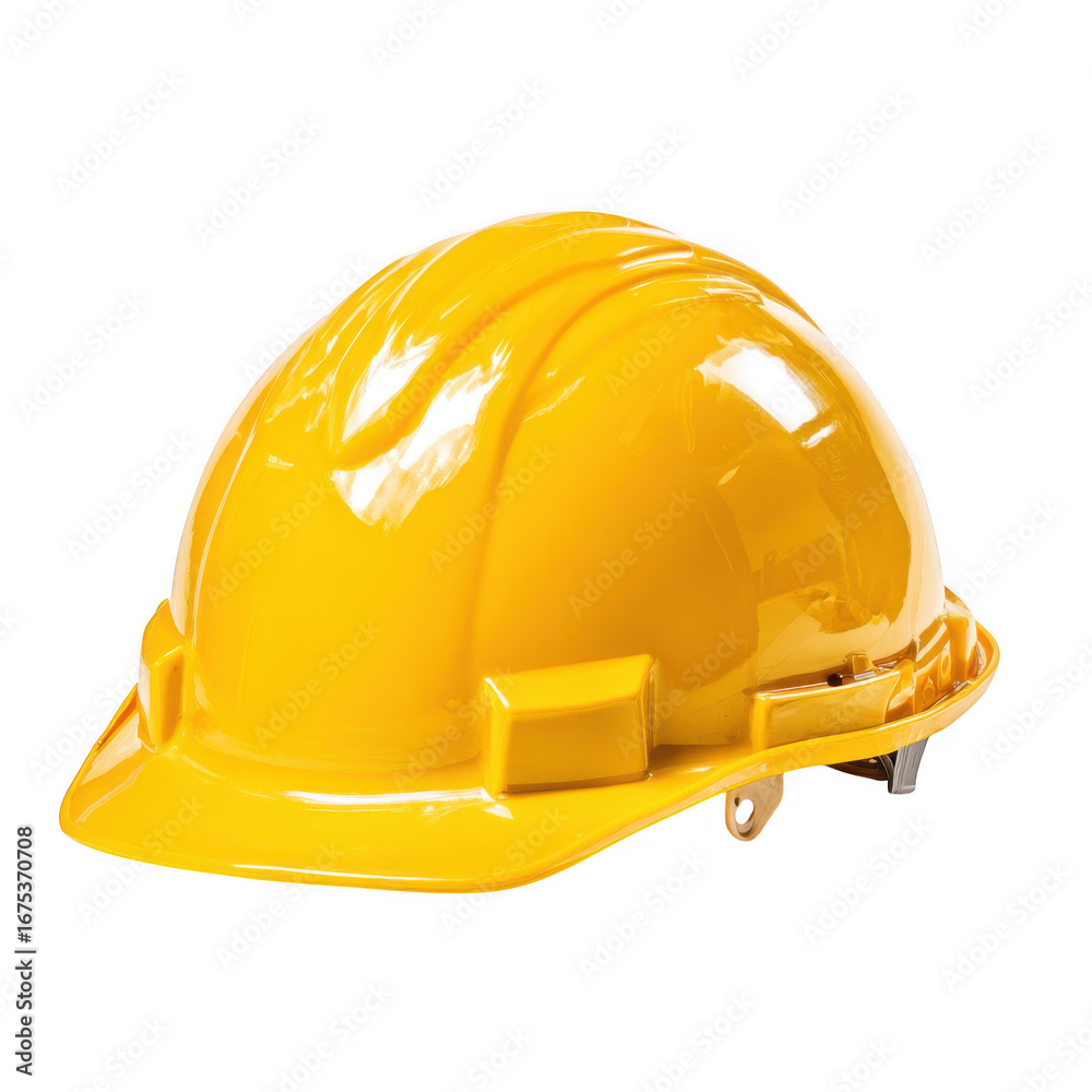 Fototapeta premium Bright yellow construction hard hat with adjustable straps isolated on transparent background