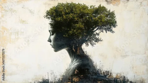 Panel kuchenny z motywem Silhouette of a contemplative woman blended with a large green tree, symbolizing connection between human and nature in a calm, serene composition