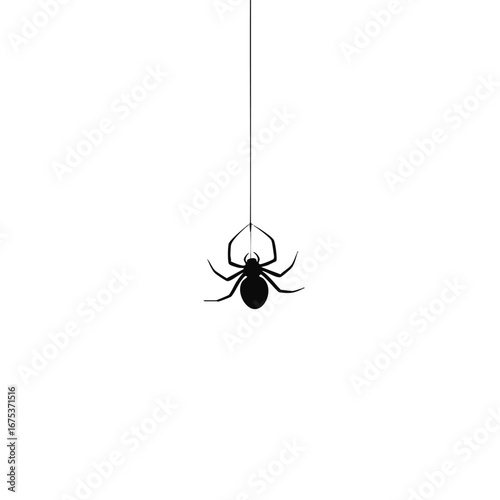 A minimalist 2D flat vector illustration shows a spider dangling from a single web thread, crafted with clean lines and solid colors in a modern graphic style, isolated on white.