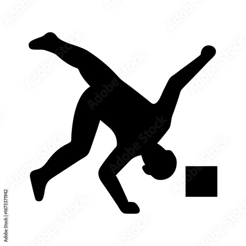 Breakdancer mid-air silhouette with stage element symbolizing athletic grace, power, and urban dance movement