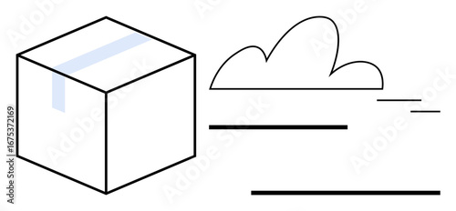 Box with taped top moving alongside streamlined cloud and motion lines. Ideal for shipping, logistics, speed, efficiency, e-commerce, delivery services, parcel management. Simple flat metaphor