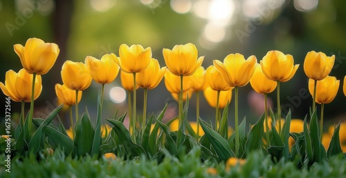 Bright yellow tulips blooming in a garden with soft natural light and a blurred green background creating a peaceful and cheerful atmosphere