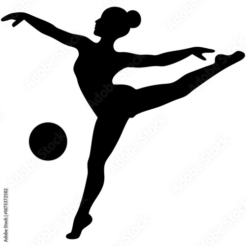 Female Gymnast Silhouette Performing Arabesque with Ball Capturing Strength, Elegance, and Artistic Motion