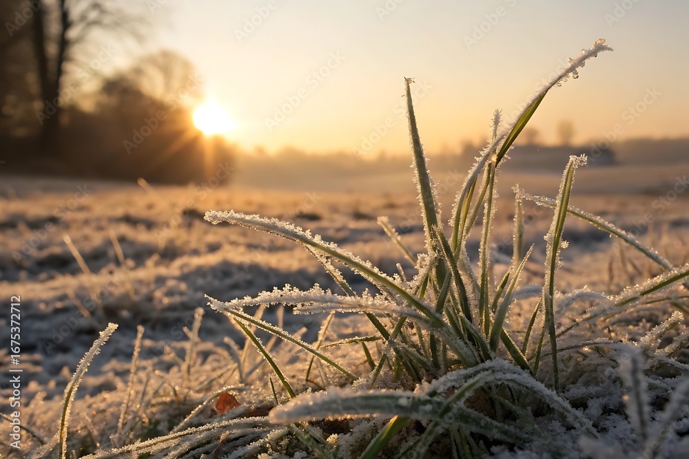 Obraz premium Close up of frosted grass blades catching the warm glow of a sunrise