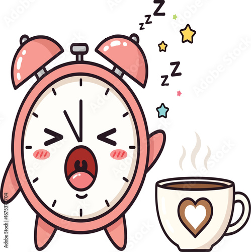 Cute cartoon alarm clock yawning with a cup of coffee.