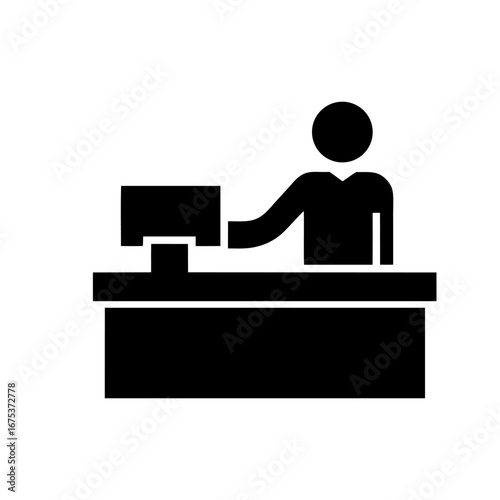 Minimalist Service Worker Silhouette Behind Counter Operating Computer Symbolizing Technology and Administration
