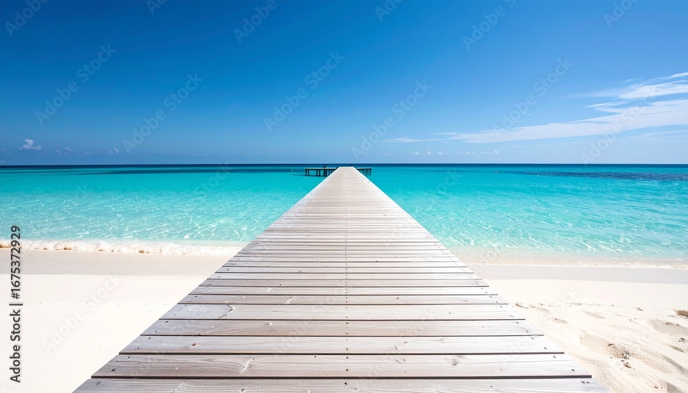 Obraz premium Long wooden pier stretching from a pristine white sand beach into the calm, turquoise water of a tropical sea under a clear blue sky