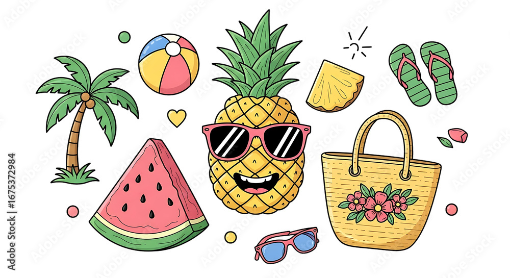 Fototapeta premium Vibrant tropical summer elements forming a dynamic and playful arrangement