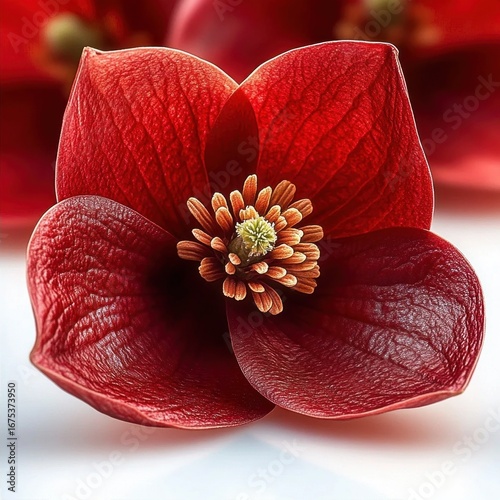 Close-up of a deep red flower with textured petals and a detailed central stamen cluster on a soft blurred background