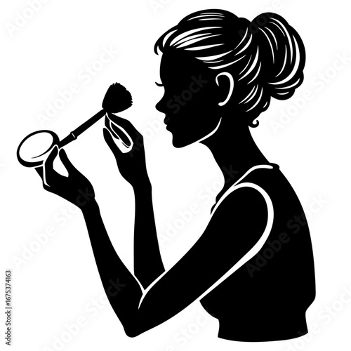 Sophisticated silhouette of woman applying makeup with brush and mirror, elegance, beauty, self-care and grooming ritual