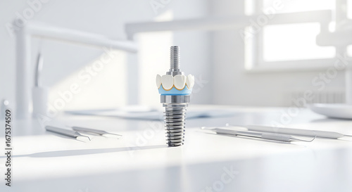 Wallpaper Mural Close-up view of a dental implant on a white table with blue ring, silver screw, surrounded by tools in bright clinic setting Torontodigital.ca