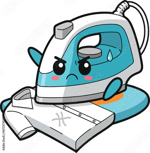 Iron character ironing a white shirt with a sad expression.