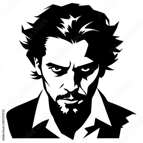 Brooding portrait silhouette of man with rugged beard, dramatic hair, intense stare, graphic novel charisma
