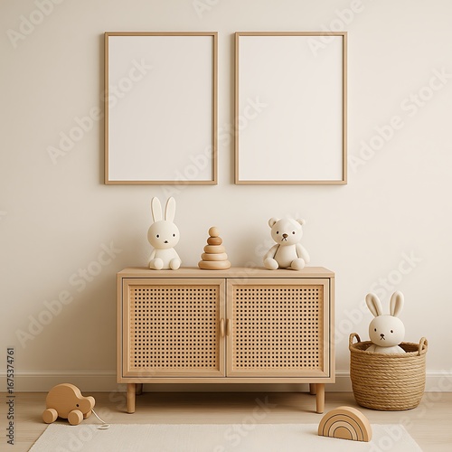 Wood console with two frames, stuffed toys and woven basket, beige wall, playful decor with soft light, calm decorative scene for interior stock use