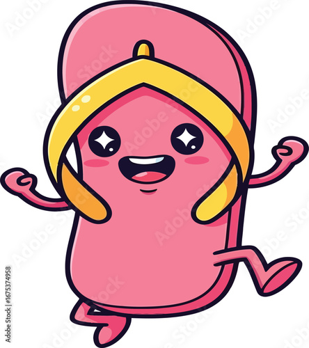 Cute pink cartoon flip flop character running happily.