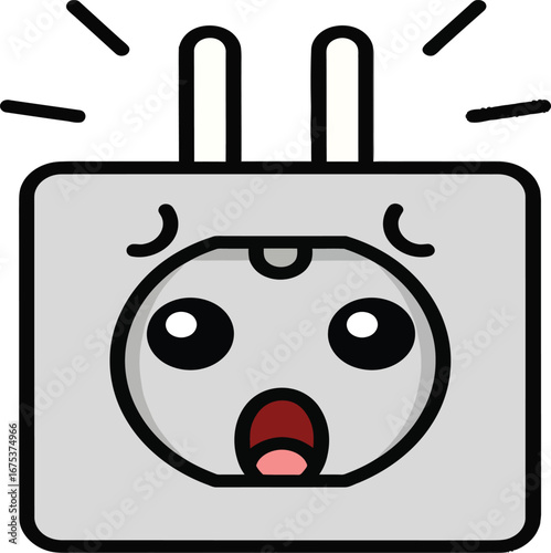 Shocked cartoon electrical outlet with plug prongs showing surprise.
