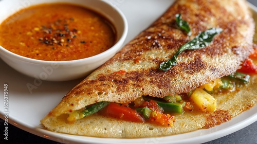 South Indian Dosa Crepe with Vegetable Filling and Sambar Sauce on White Plate Close Up Food Photography.