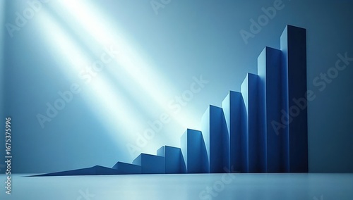 Blue ascending bar chart with light beams shining from the top left corner creating a futuristic and optimistic atmosphere