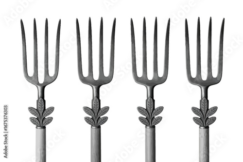 Four elegant forks on a white background providing a sense of style and refinement perfect for culinary and dining illustrations