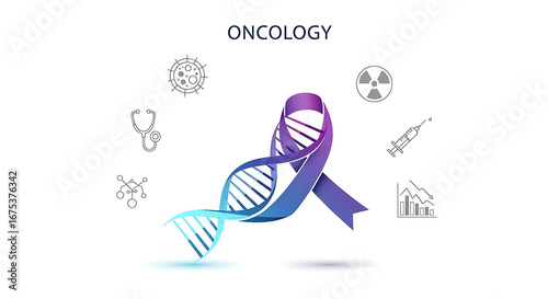 Showcasing DNA and oncology symbols in a modern medical graphic, centered on a white background for clear visual impact