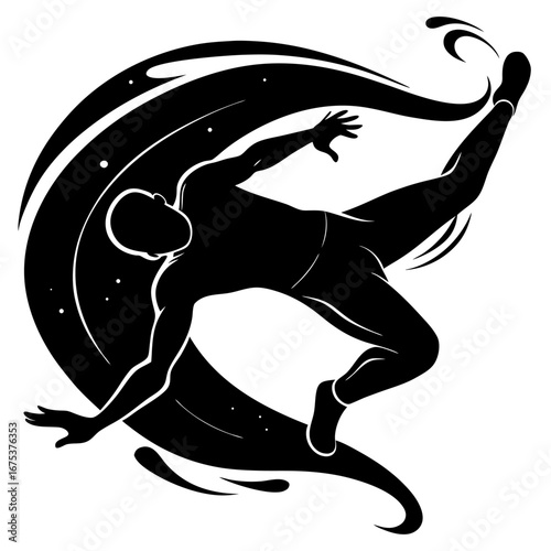 Dynamic dancer silhouette with swirling ink strokes, cosmic energy and motion captured in bold black and white art