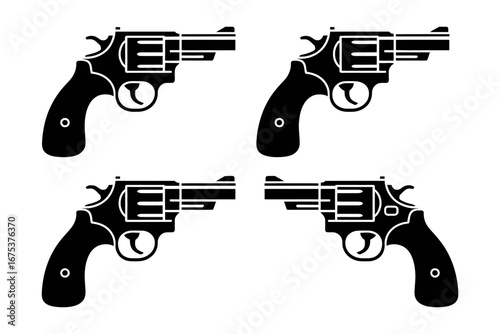 Four Black Revolvers Patterned on White Background for Design Elements and Creative Projects