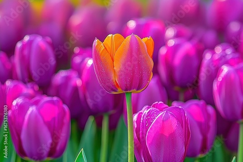vibrant orange and pink tulip standing tall among a field of pink tulips with morning dew under soft sunlight