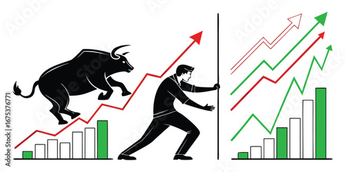 Black Bull and Man Pushing Wall Between Upward Stock Market Graphs vector illustration
