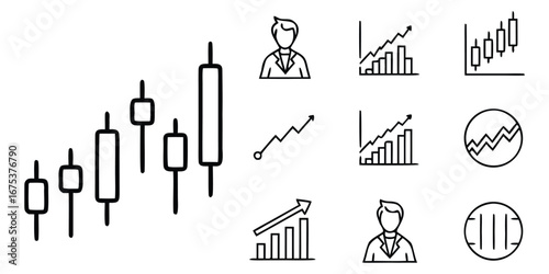 Black and white icons representing financial charts, graphs, and business people finance