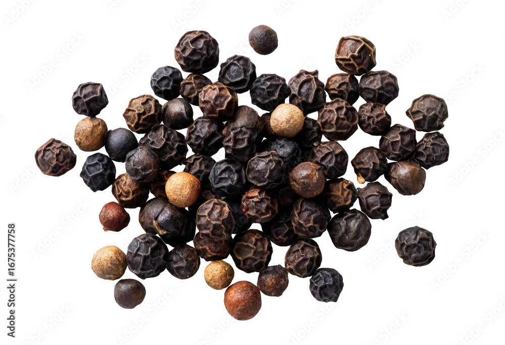 Obraz premium Black Peppercorns Scattered on Black Background