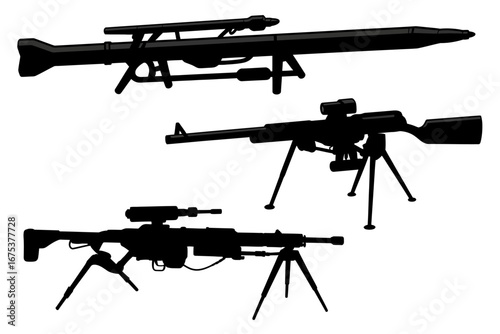Silhouetted Military Arsenal Featuring AntiTank Missile Launcher and Sniper Rifles Against a White Background Illustrating Modern Warfare