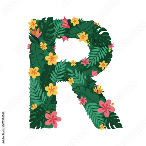 Lush Tropical Letter R Formed by Green Monstera Leaves and Colorful Exotic Flowers