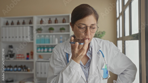 Fotografi Woman adjusts glasses and speaks into smartphone inside clinic building with shelves of medicine bottles; professionalism