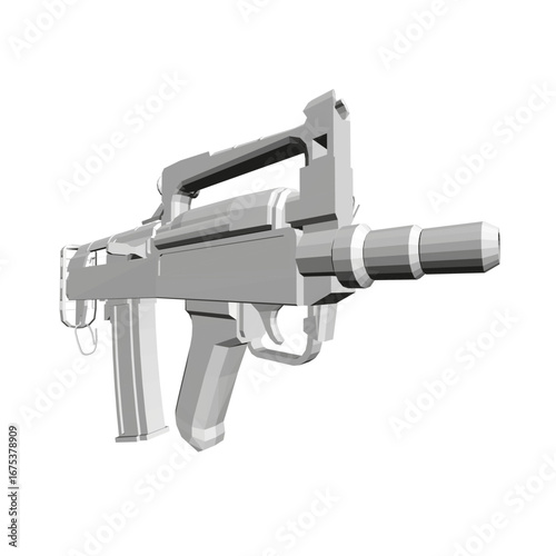 Polygonal submachine gun 3D model on white background, showcasing animated movement and detailed weapon design.