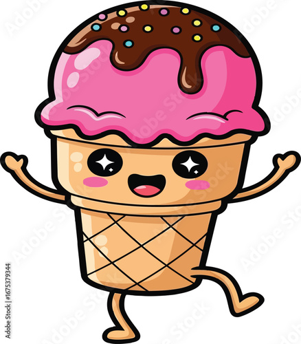 Cute happy cartoon ice cream cone character dancing with joy.