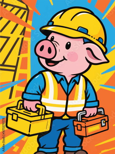 pig in construction worker costume Illustrator Artwork design template poster